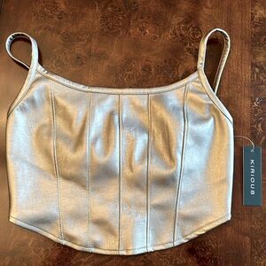 KIRIOUS Zip Crop Tank Top Faux Leather Silver Space Corset Lined